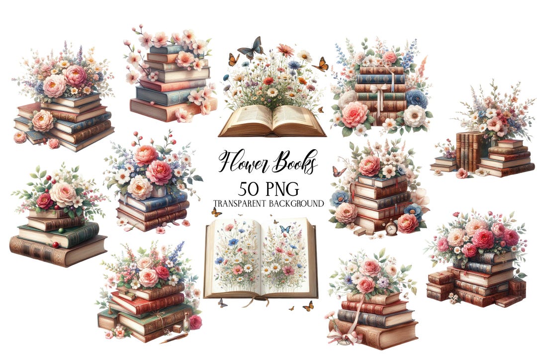 Floral Book Clipart: Vintage Flower PNG Images (digital Download) - Etsy