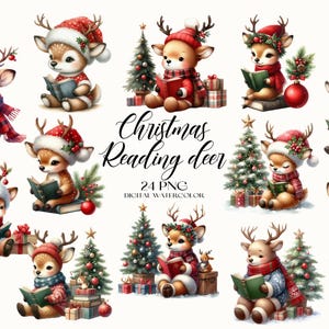 Christmas Reading Deer Clipart, Christmas Deer PNG, Cartoon Deer Clipart, Watercolor Deer PNG, Christmas Clipart, Winter Decoration PNG