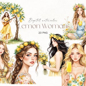 Clipart donna limone acquerello, belle illustrazioni di donna PNG, clipart estate, belle clipart donna, grafica sublimatica