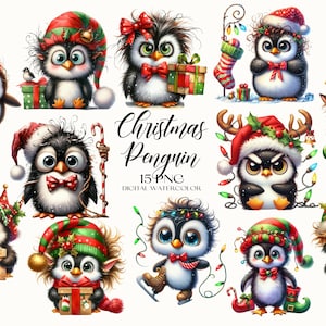 Watercolor Christmas Penguin Clipart: Winter PNG Images (Digital Download)