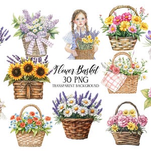 フラワーバスケット PNG、野生の花のクリップアート、バスケットのクリップアート、花のクリップアート、結婚式のクリップアート、デジタルダウンロード