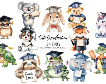 Graduation Animals Clipart, Graduation Animals PNG, Animals Illustrations, Watercolor Cartoon Clipart, Funny Animals Clipart, School day