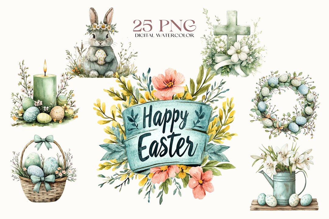 Watercolor Easter Clipart Bundle, Bunny & Eggs PNG (digital Download ...
