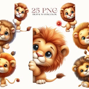 Lindo león espiando Clipart, ilustraciones de león PNG, animales PNG, clipart de dibujos animados de acuarela, clipart de animales, clipart de cumpleaños