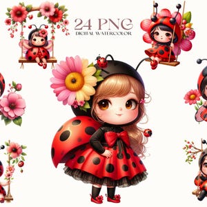 Clipart coccinella fiore, PNG bambina carina, Clipart festa bambina, Clipart acquerello, Sublimazione compleanno