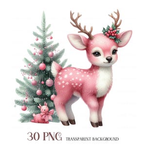 Pink Christmas Deer Clipart: Watercolor Winter PNG (30 Files, 300 DPI)