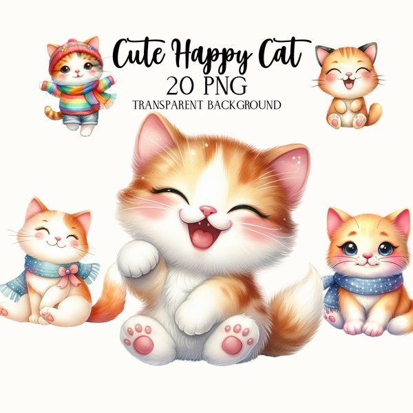 Watercolor Little Cute Happy Cat, Cartoon  Cats Png, Watercolor Cute Kitten Clipart, Baby Animals Clipart, Baby Shower Cat, Funny Cats Png
