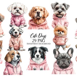 Cute Dog in Pink Hoodie Clipart, Little Animals PNG, Watercolor Cartoon Clipart, Baby Animals Clipart, Little Dog PNG, Birthday Clipart