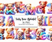 Teddy Bear Rainbow Alphabet Clipart: 36 PNG Letters & Numbers (Digital Download)