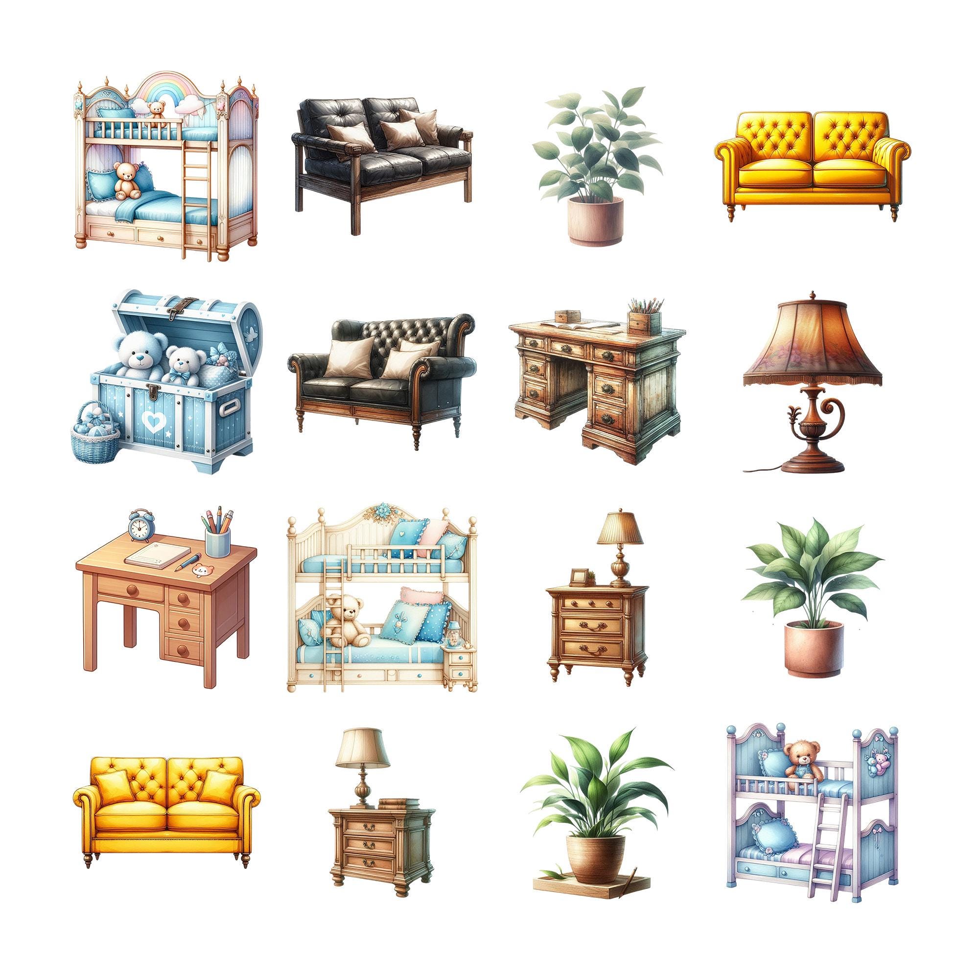 Watercolor Furniture Clipart Bundle: Cottagecore Interior Design ...