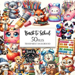 Clipart de regreso a clases, animales lindos PNG, regreso a clases en acuarela, clipart de animales de regreso a clases, ilustraciones educativas