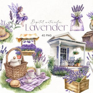 Watercolor Lavender Clipart: Flower Bouquet PNG Files (Digital Download, 40 PNGs, 300 DPI)