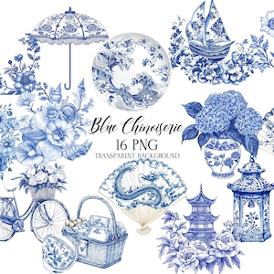 Blue Chinoiserie Floral Clipart: PNG Files for Invitations (Digital Download)