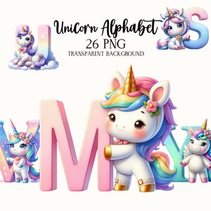 Rainbow Unicorn Alphabet PNG, Colorful Unicorn Alphabet Nursery, Cute Unicorn Letters Clipart, ABC Alphabet Birthday PNG, Alphabet  Clipart