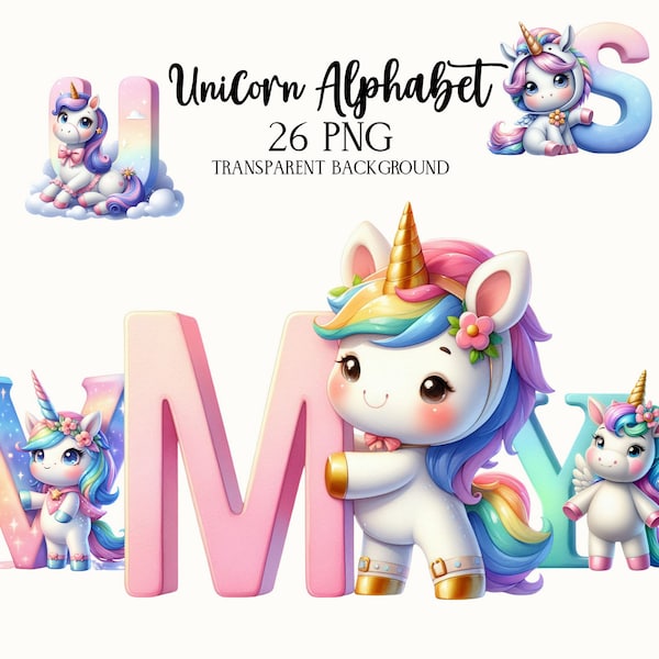 Rainbow Unicorn Alphabet PNG, Colorful Unicorn Alphabet Nursery, Cute Unicorn Letters Clipart, ABC Alphabet Birthday PNG, Alphabet  Clipart