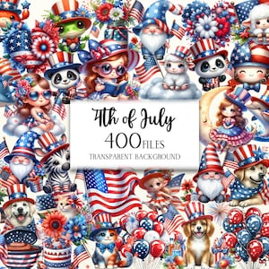 400 PNG Clipart patriótico, paquete de imágenes prediseñadas del 4 de julio, imágenes prediseñadas del Día de la Independencia, PNG de acuarela del 4 de julio, Día de la Independencia de Estados Unidos