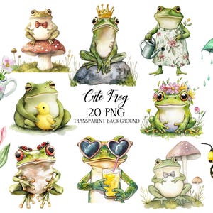 Clipart de sapo fofo, vida de sapo PNG, ilustrações de animais PNG, clipart de desenho animado em aquarela, clipart de animais engraçados, clipart de aniversário