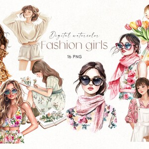 Clipart di ragazza alla moda, PNG di ragazza romantica, PNG di buon compleanno, Clipart di ragazza acquerello, PNG di bella donna, Grafica per planner Chibi