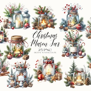 Christmas Mason Jar Clipart, Christmas Decorative Mason Jar PNG, Xmas Mason Jar Clipart, Watercolor Mason Jar PNG, Winter Decoration PNG