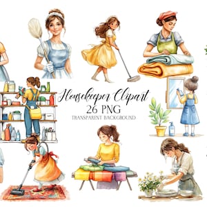 Clipart acquerello per la pulizia: grafica per lavori domestici e igiene (file PNG, 300 DPI)