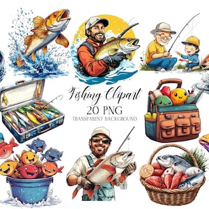 Funny Fishing Clipart, Cute Fishing PNG, Summer Illustrations PNG, Watercolor Beach Clipart, Fishing Clipart