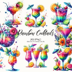 Clipart de coquetéis arco-íris, PNG de coquetéis arco-íris, Clipart de coquetéis, Clipart de aniversário em aquarela, Decoração de festa PNG, Download digital