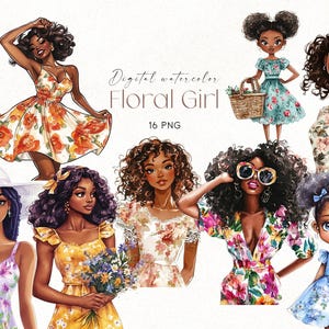 Ragazza con abito floreale in formato PNG, Clipart divertente di ragazza afro, Clipart di ragazza carina in formato PNG, Clipart di festa per ragazze, Clipart di ragazza acquerello