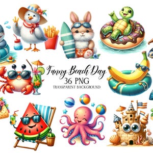 Clipart divertenti di una giornata in spiaggia, animali carini in formato PNG, illustrazioni di animali estivi in formato PNG, clipart di una spiaggia ad acquerello, clipart tropicale