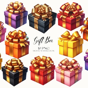 May include: A collection of twelve colorful gift boxes with gold ribbon bows. The boxes are in various colors, including pink, purple, yellow, orange, red, and black. The text "Gift Box" and "12 PNG DIGITAL WATERCOLOR" are also present.