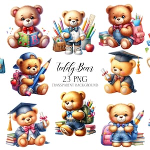 Back to School Teddy Bear Clipart, Cute Animals PNG, Watercolor Back to School, Back to School Animals Clipart, Education Illustrations