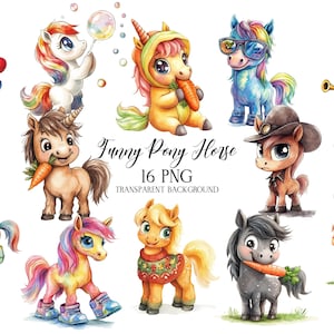 Imágenes prediseñadas de ponis divertidos, imágenes prediseñadas de ponis lindos, ilustraciones de animales, imágenes prediseñadas de dibujos animados en acuarela, imágenes prediseñadas de animales divertidos, imágenes prediseñadas de cumpleaños