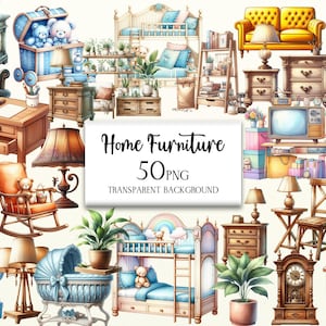 Watercolor Furniture Clipart Bundle, 60 PNG Home Furniture Clipart, Interior Design Clipart, Cottage Style Furniture Graphics
