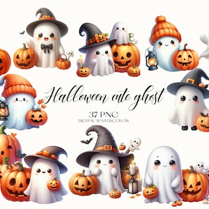 Halloween Cute Ghost Clipart, Halloween Cute Ghost PNG, Watercolor Cute Ghost Clipart, Cartoon Cute Ghost Clipart, Halloween Clipart
