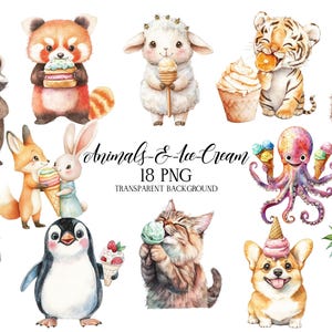 Imágenes prediseñadas de animales y helado, pequeños animales PNG, imágenes prediseñadas de dibujos animados de acuarela, imágenes prediseñadas de animales bebés, imágenes prediseñadas de animales