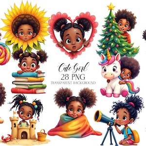 African-American Little Girl Clipart, Watercolor Cute Girl PNG, Girl Party Clipart, African American Girl Clipart, Birthday Sublimation