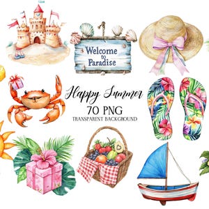 Aquarel zomer clipart, vakantie vakantie clipart, zomer natuur clipart PNG, strand dag clipart, aquarel natuur clipart