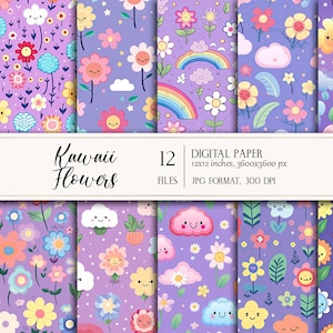 Papel digital de flores kawaii, padrões sem costura em cores pastel, papel digital para berçário de bebê, fundos de desenho infantil JPG