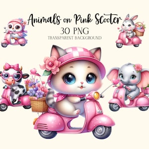 Clipart scooterdieren, schattige dieren op roze scooter png, clipart Vespa en babydieren, motorfiets clipart, babyshower png