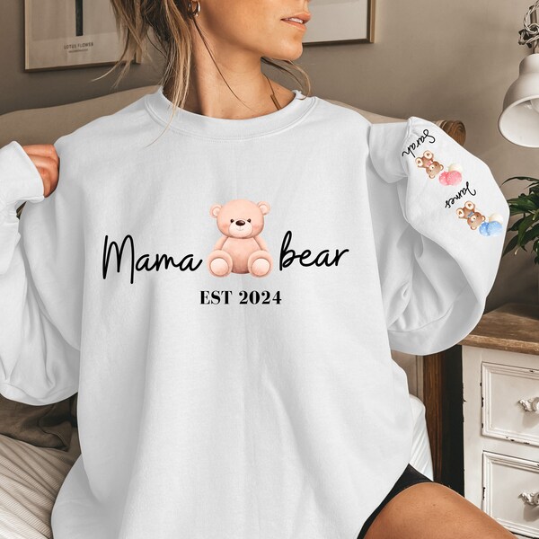 Mama Bear Sweatshirt, Custom Mama Sweatshirt With Kids Names on Sleeve,Personalized Mom Sweater,Momma Bear Jumper, Mom teddy bear sweatshirt