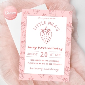 Girl&#39;s Berry 1st Birthday Editable Invitation Template | Instant Download Canva Template | Strawberry Themed Invitation