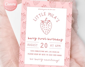 Strawberry 1st Birthday Invitation Template | Berry Sweet, Editable Canva (Digital Download)