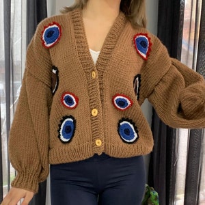 Our lucky looks cardigan model | Chunky Knit Cardigan, Oversized Cardigan, Handmade Cardigan, flower cardigan, Cardigan, Cardigan Knitting