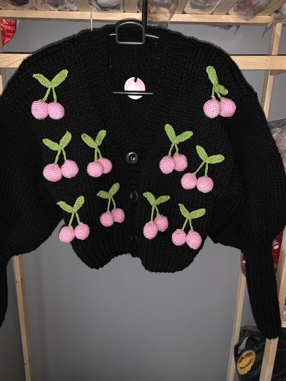 Handmade Black Cardigan With Pink Cherry Embroidery Cozy and