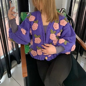 Handmade cardigan , chunky cardigans ,purple cardigan with pink flowers decoration.