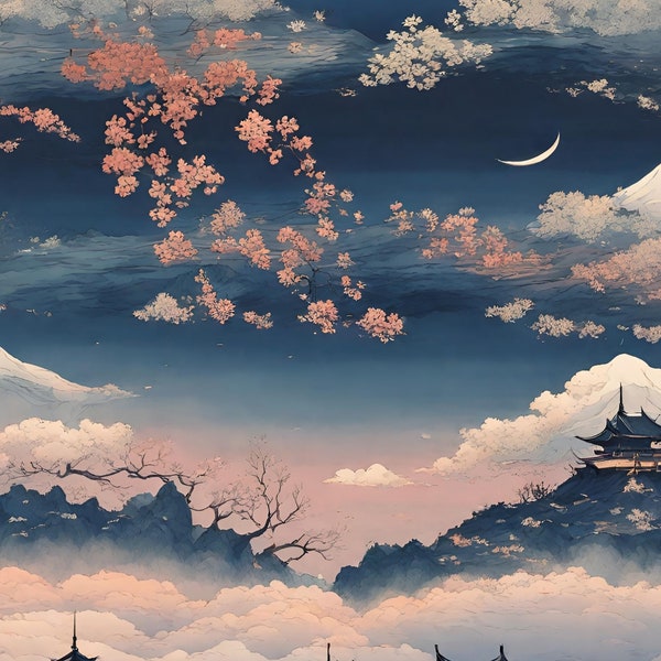 Asian Landscape Painting Print,  Digital  Wall Art, Sky view, Chinese Landscape Painting, Asian Inspired Art, Wall Decor , cloudy , Colorful