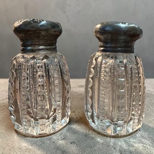 May include: A pair of clear glass salt and pepper shakers featuring a vertical cut-glass pattern and rounded bodies. Each shaker is topped with a tarnished silver-toned metal cap that has a decorative embossed floral design on the top surface.