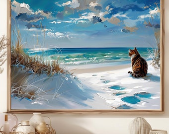 Beach Scene Digital Art Print, Cat On Sandy Beach Digital Download, Ocean And Sky Wall Decor, Coastal Artwork Printable