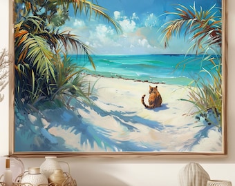 May include: A painting depicting a beach scene with palm trees, blue water, and white sand. A cat sits on the sand, looking out at the ocean.
