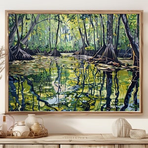 Scenic Forest Stream Digital Art Print, Tranquil Nature Wall Art, Serene Woodland Poster, Green Tree Reflection