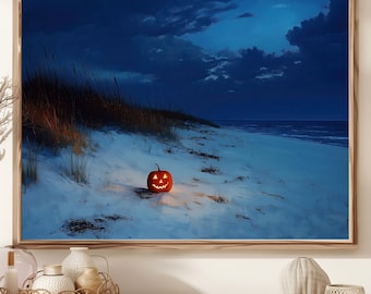Halloween Beach Digital Download, Spooky Pumpkin Artwork for Coastal Decor, Halloween Wall Art & Night Scene Printable
